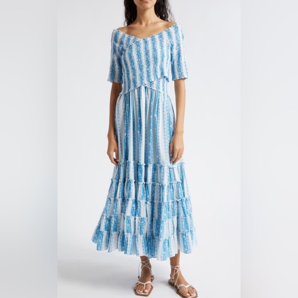 CELIA DRESS IN AQUA JAIPUR STRIPE Blue Patterned Maxi Dress Size XL